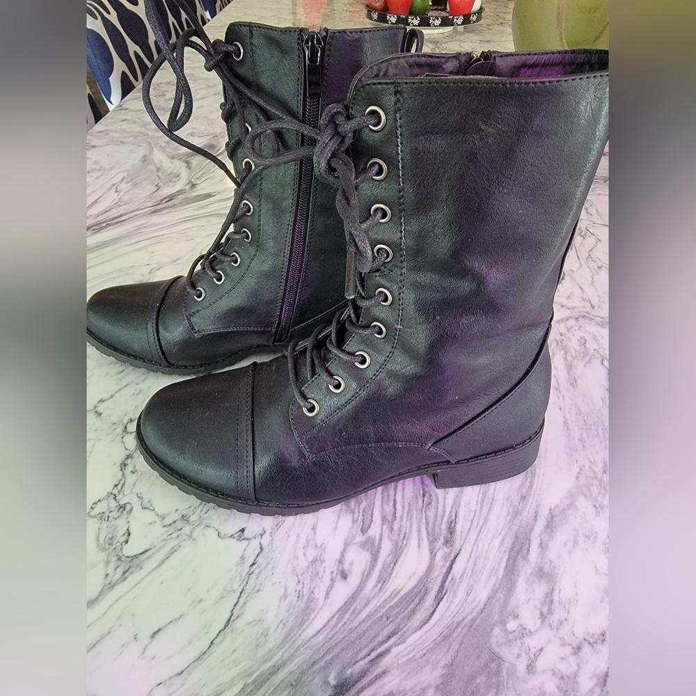 Forever Link Round Toe Military Lace up Knit Ankle Cuff Low Heel Combat Boots